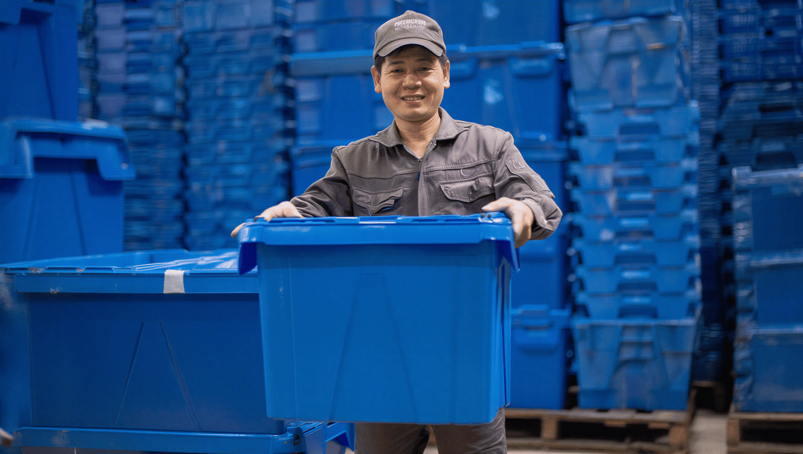 Industrial logistics worker with blue plastic crate