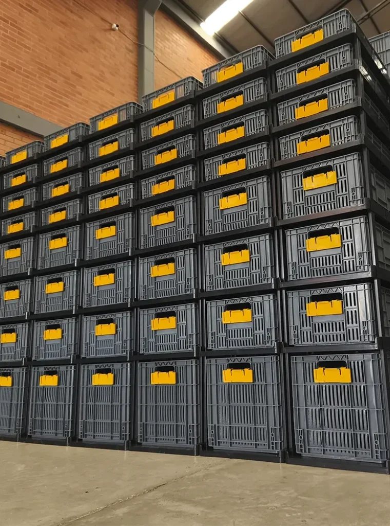 Plastic storage bins in warehouse racking